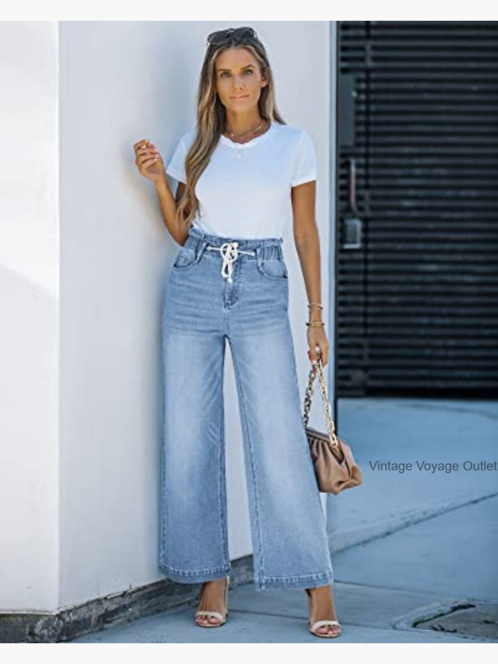 High Waisted Wide Leg Bell Bottom Y2K Stretch Jeans Baggy Pants - Picture 3 of 7